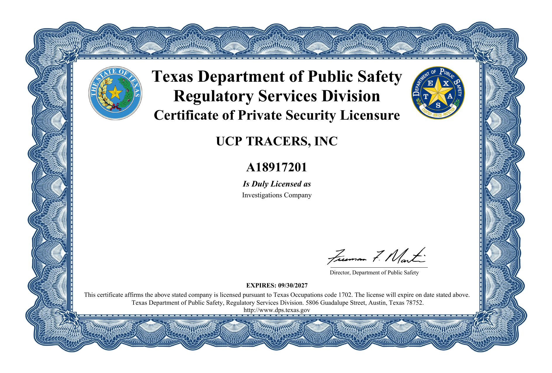 Texas DPS Certificate of Private Security Licensure for UCP Tracers, Inc.